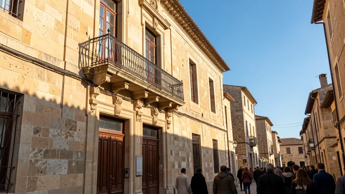 Fachada de un ayuntamiento tradicional canario con balcón y barandillas de hierro, luz cálida de la tarde.