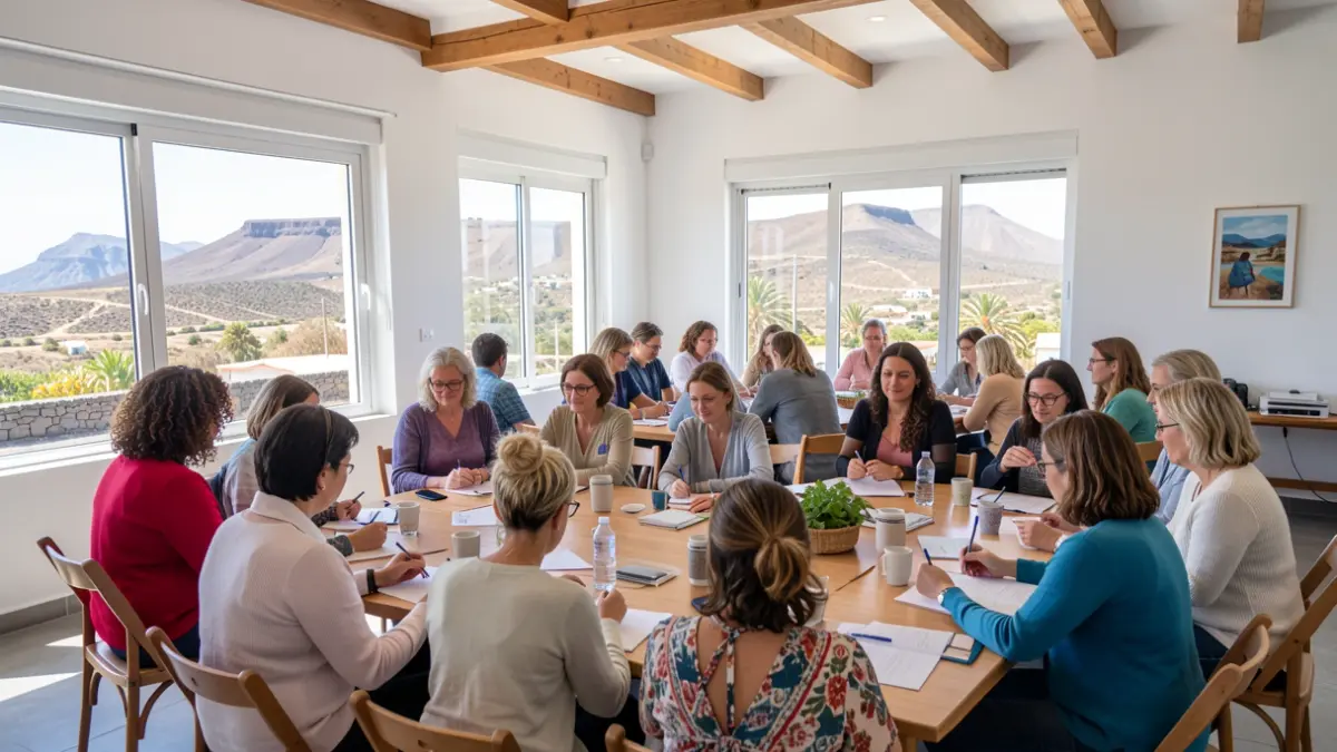 Imagen genérica de mujeres participando en un taller de empleo en un centro comunitario rural en Canarias.