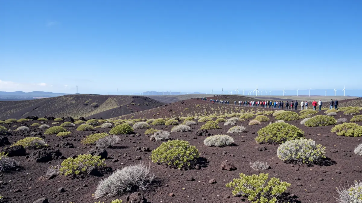 Paisaje volcánico canario con vegetación escasa bajo un cielo azul claro, simbolizando la planificación territorial y la protección ambiental.