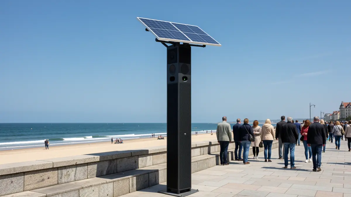 Modern public address speaker tower installed on the beach promenade with a solar panel.