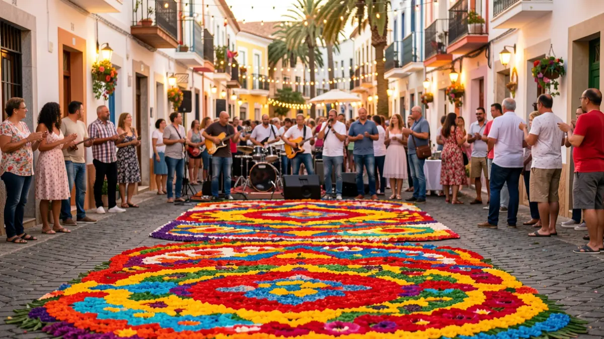 Imagen genérica de las fiestas de barrio en Canarias con alfombras de flores y gente celebrando.