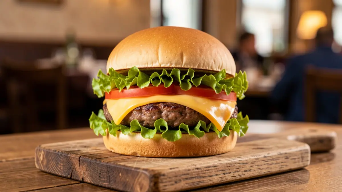Primer plano de una hamburguesa gourmet con ingredientes frescos sobre una tabla de madera.