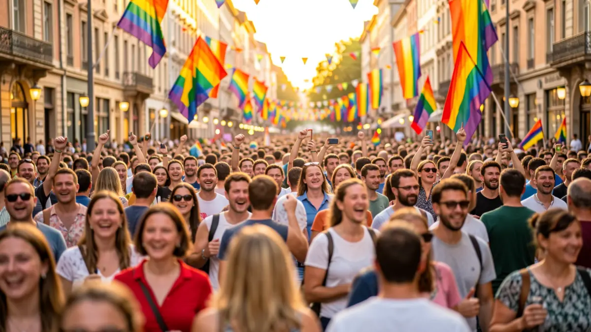Generic image of an LGTBI+ Pride celebration in an urban square.