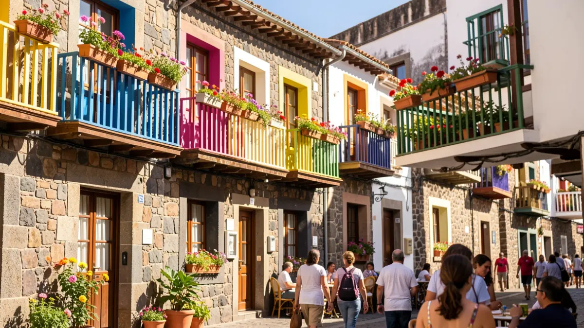 Imagen genérica de la arquitectura tradicional canaria con balcones coloridos y flores.