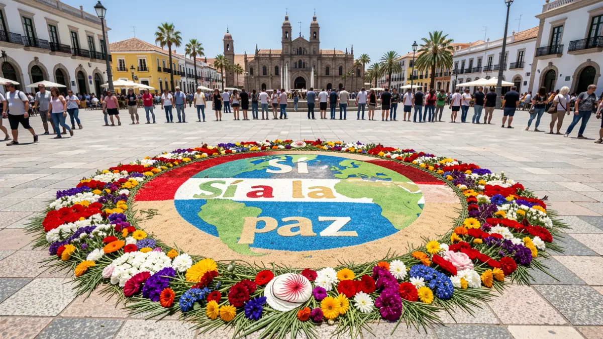 Alfombra del Corpus Christi en la Plaza de Santa Ana de Las Palmas de Gran Canaria con un mensaje de paz y referencias a Palestina y el Sáhara.