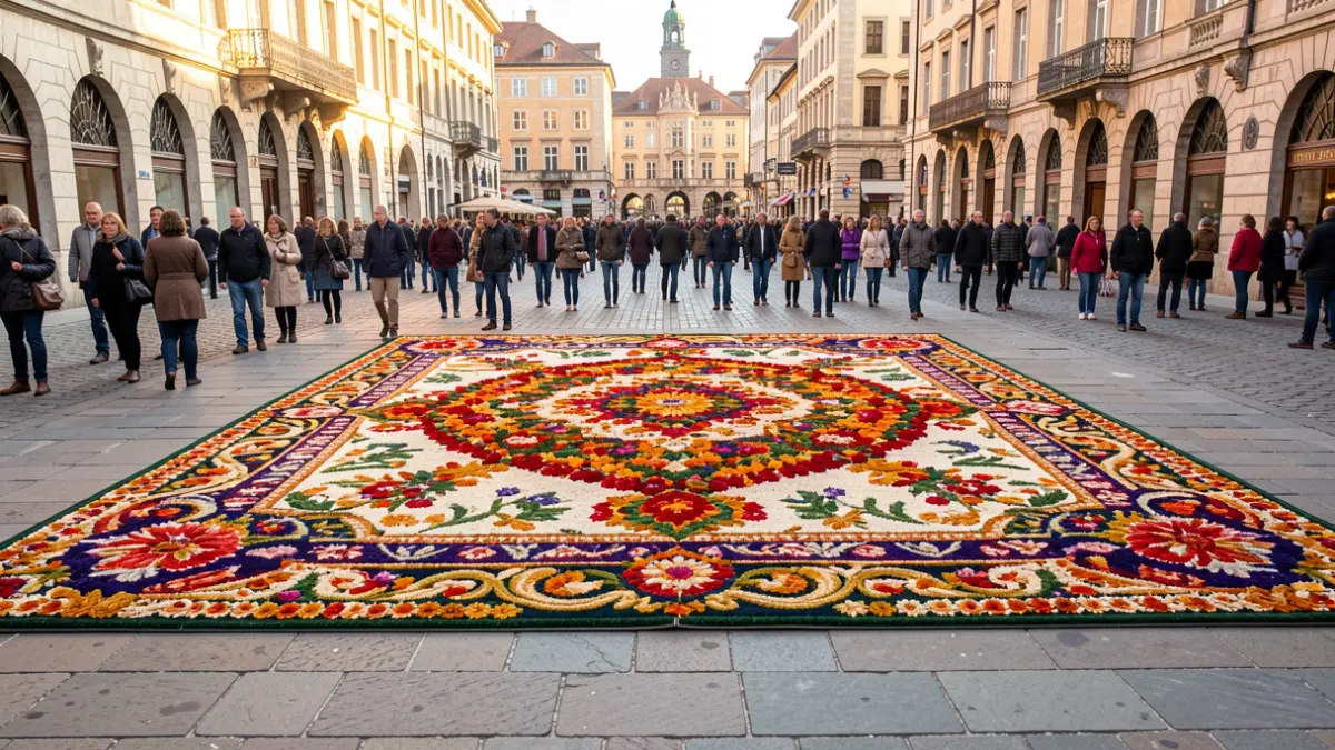 Floral carpet installed in Plaza de Santa Ana for the Corpus Christi celebration.
