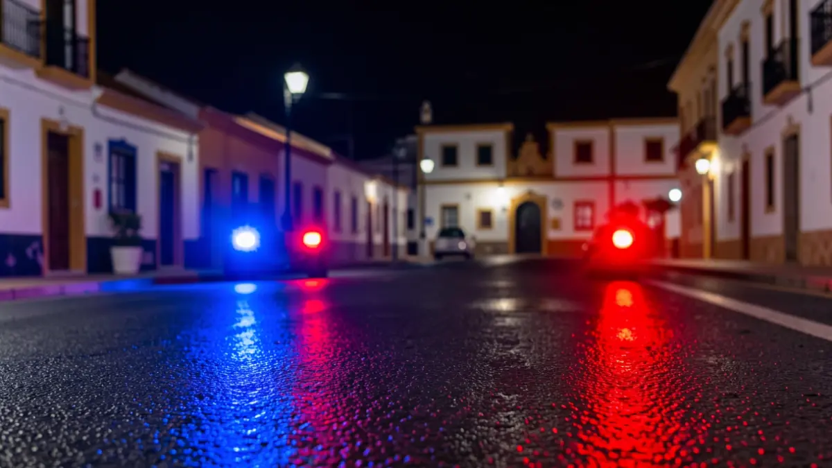 Imagen genérica de luces de emergencia policiales reflejándose en el asfalto mojado por la noche en Las Palmas de Gran Canaria, con arquitectura canaria difuminada al fondo.