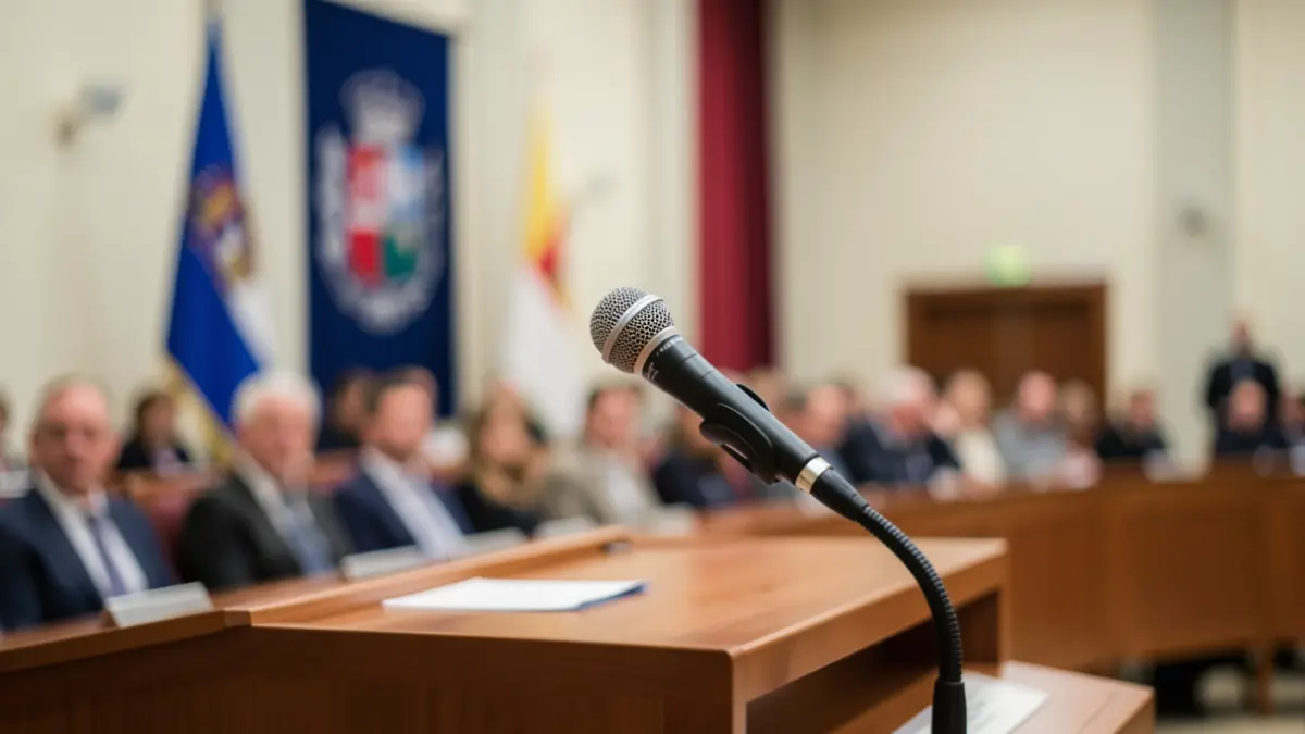 Generic image of a microphone on a podium in a municipal plenary hall.