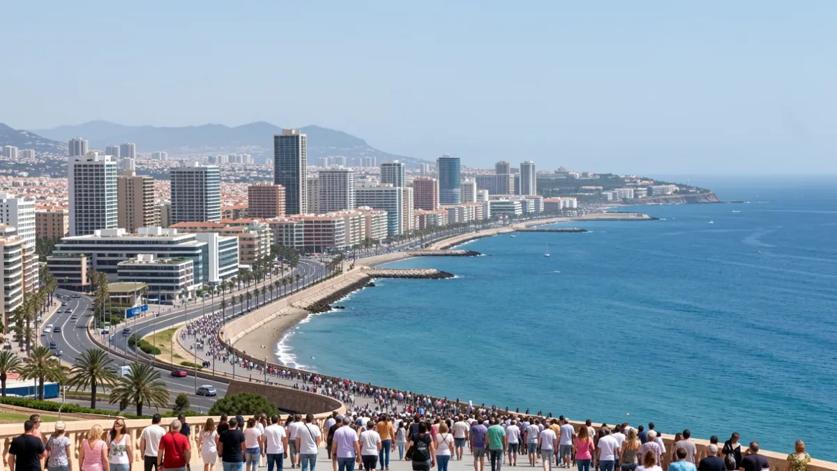Generic image of the Las Palmas de Gran Canaria coastline with urban infrastructure and the sea.