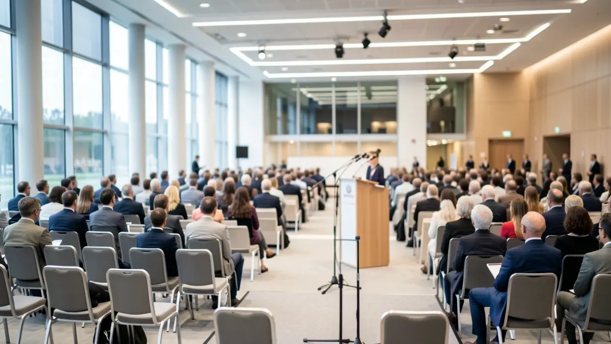 Generic image of a modern convention center with empty chairs and a stage.