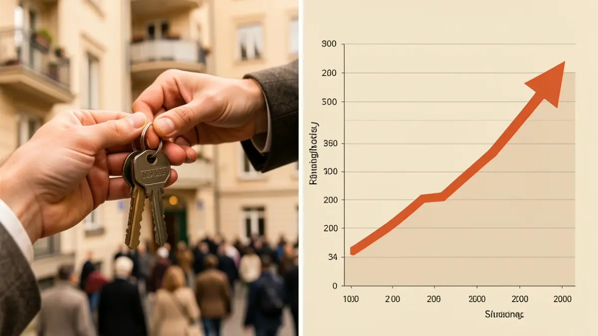 Imagen dividida: mano con llaves delante de edificio y gráfico de costes de vivienda.