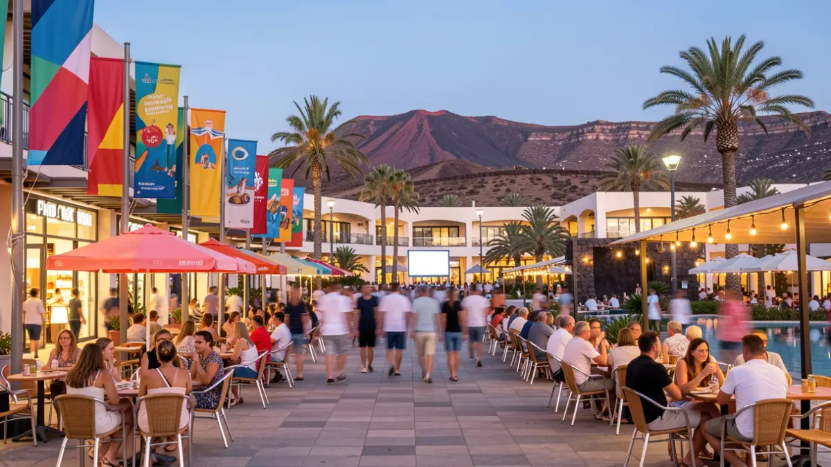 Generic image of a shopping center in the Canary Islands with summer activities.