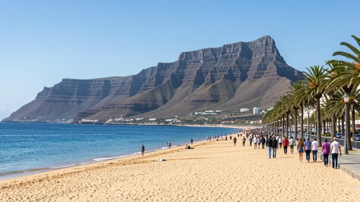 Panoramic view of Las Teresitas beach in Tenerife, with golden sand, palm trees, and the Anaga mountains in the background.