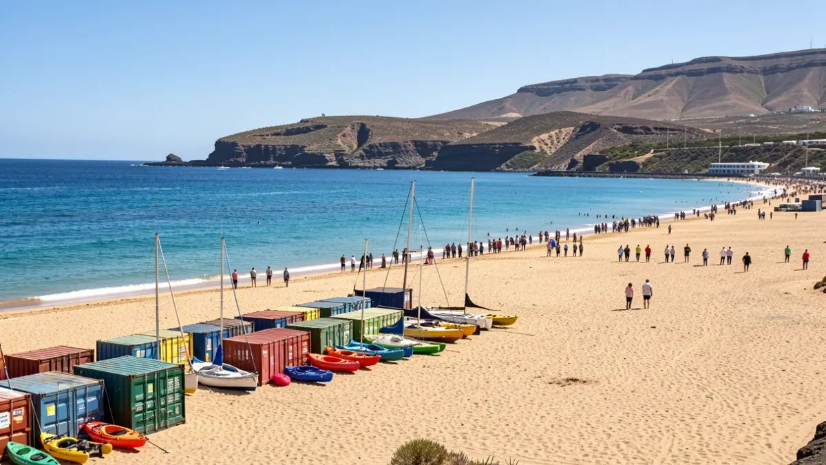 Imagen de la playa de Las Teresitas con contenedores de almacenamiento para deportes náuticos.