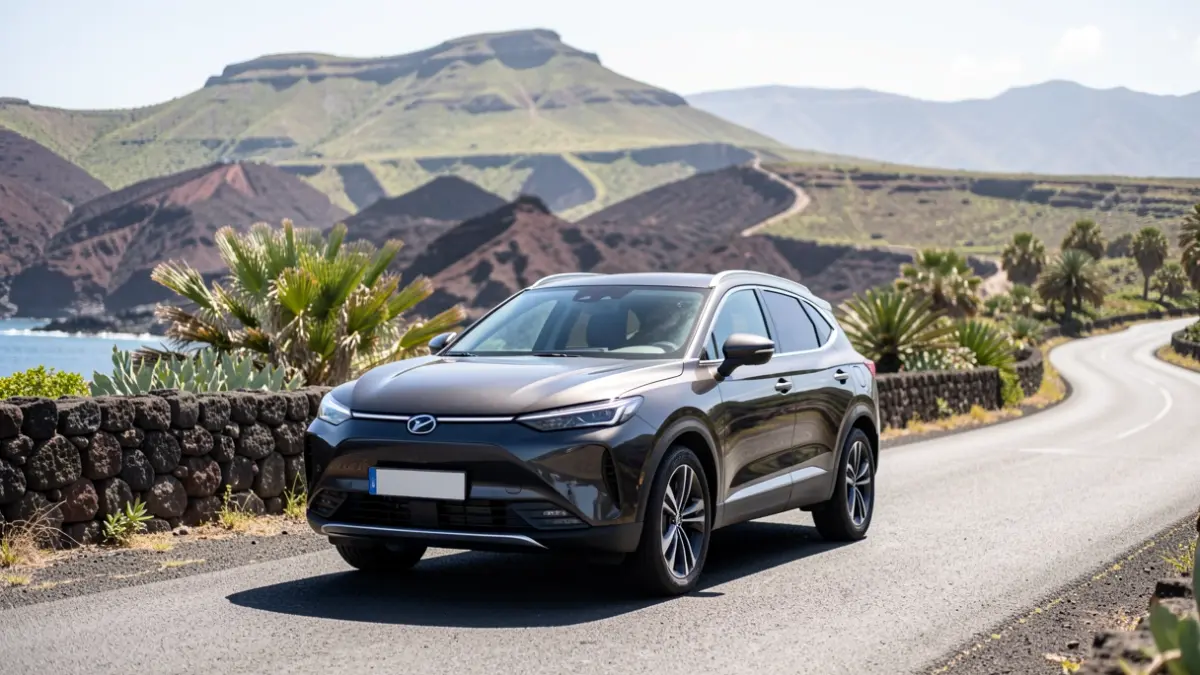 Image of the Leapmotor B10 REEV Hybrid SUV in a Canary Islands landscape.