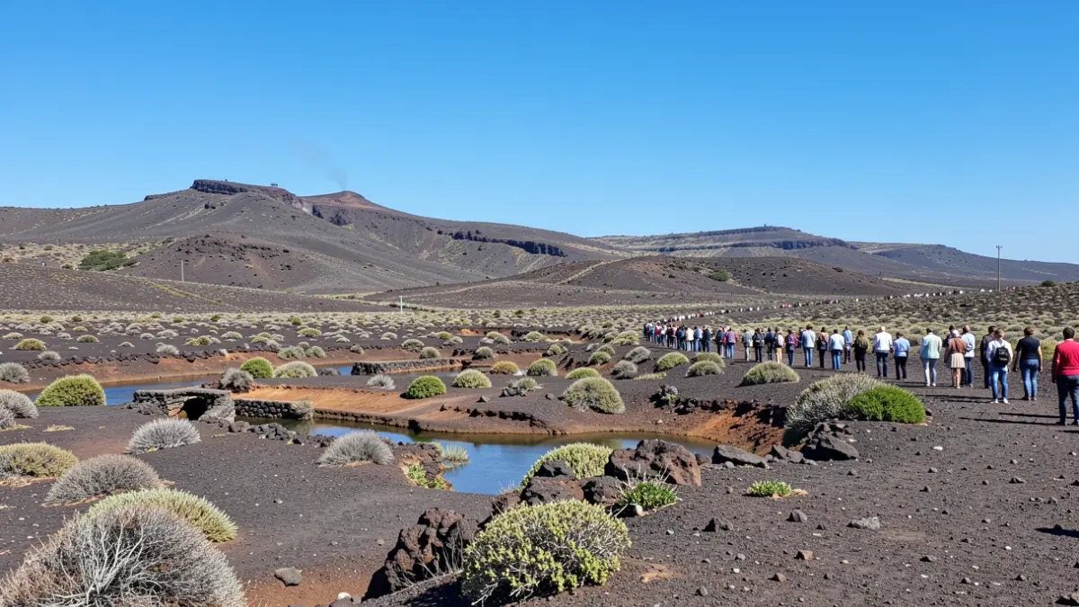 Canary Islands volcanic landscape with sparse vegetation and a blue sky, symbolizing water management.