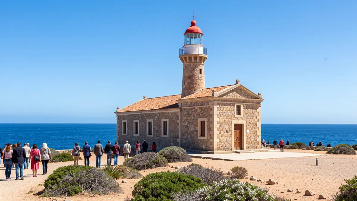 El faro de El Tostón en El Cotillo, Fuerteventura, con su fachada de piedra y torre mirador.