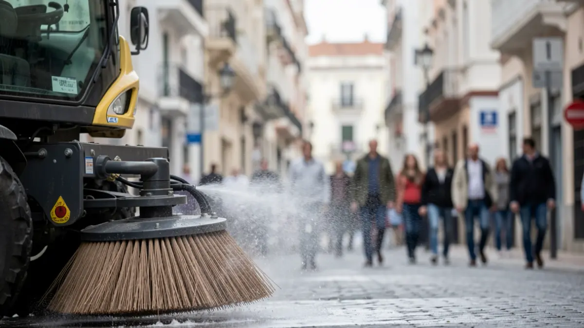 Close-up of a street cleaning vehicle's brushes and water spray, with the urban background of Las Palmas de Gran Canaria out of focus.