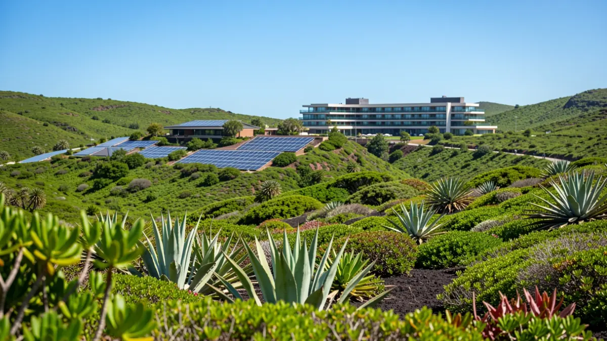 Generic image of a Gran Canaria volcanic landscape with a sustainable hotel and subtropical vegetation.