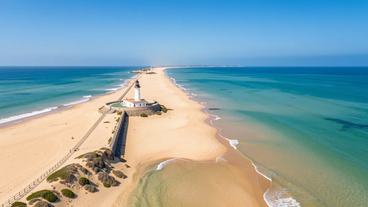 Vista aérea del Faro de Maspalomas y la costa adyacente.