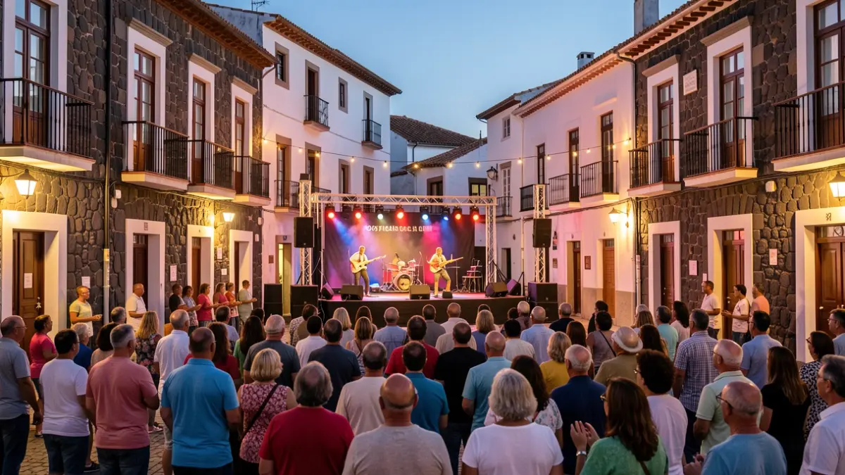 Generic image of a Canarian town square illuminated at night, set up for a cultural event.
