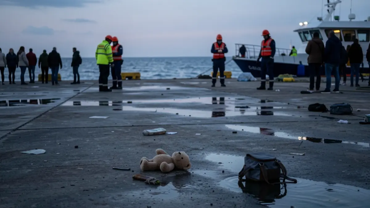 Imagen genérica de un muelle en Canarias con elementos que evocan la llegada de migrantes, con un ambiente sombrío y de reflexión.