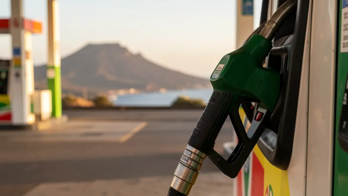 Close-up of a gasoline pump nozzle with the volcanic landscape and ocean of the Canary Islands in the background.