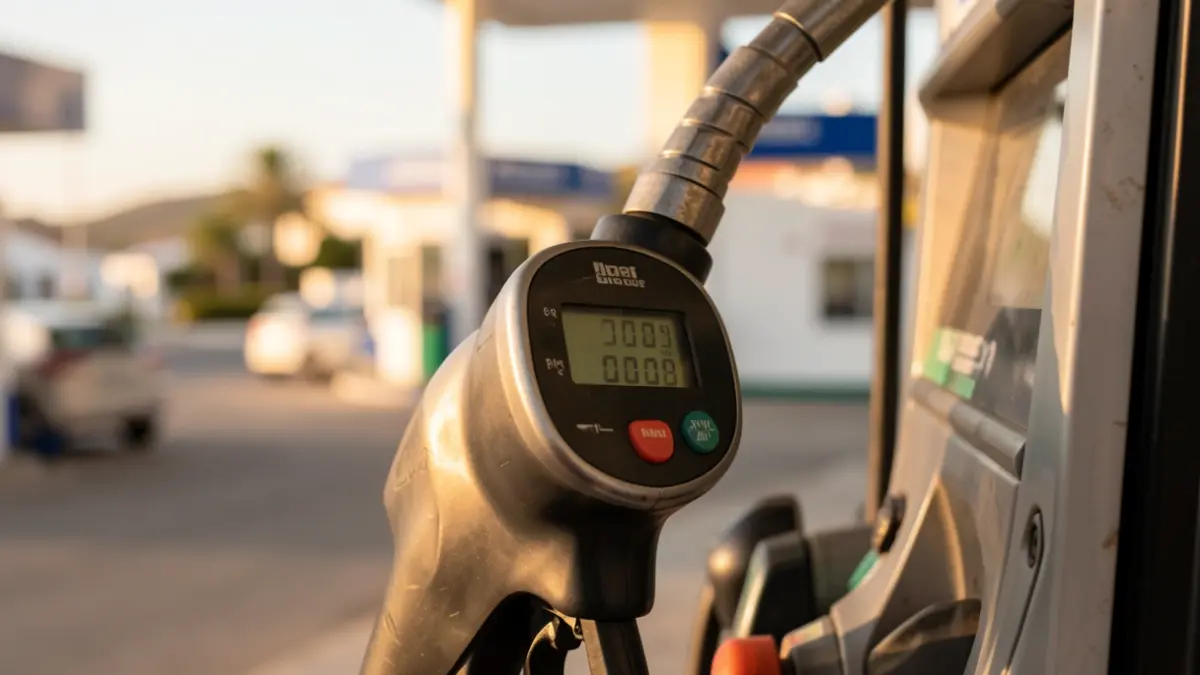 Close-up of a fuel pump nozzle with prices visible, blurred background of a gas station in the Canary Islands.
