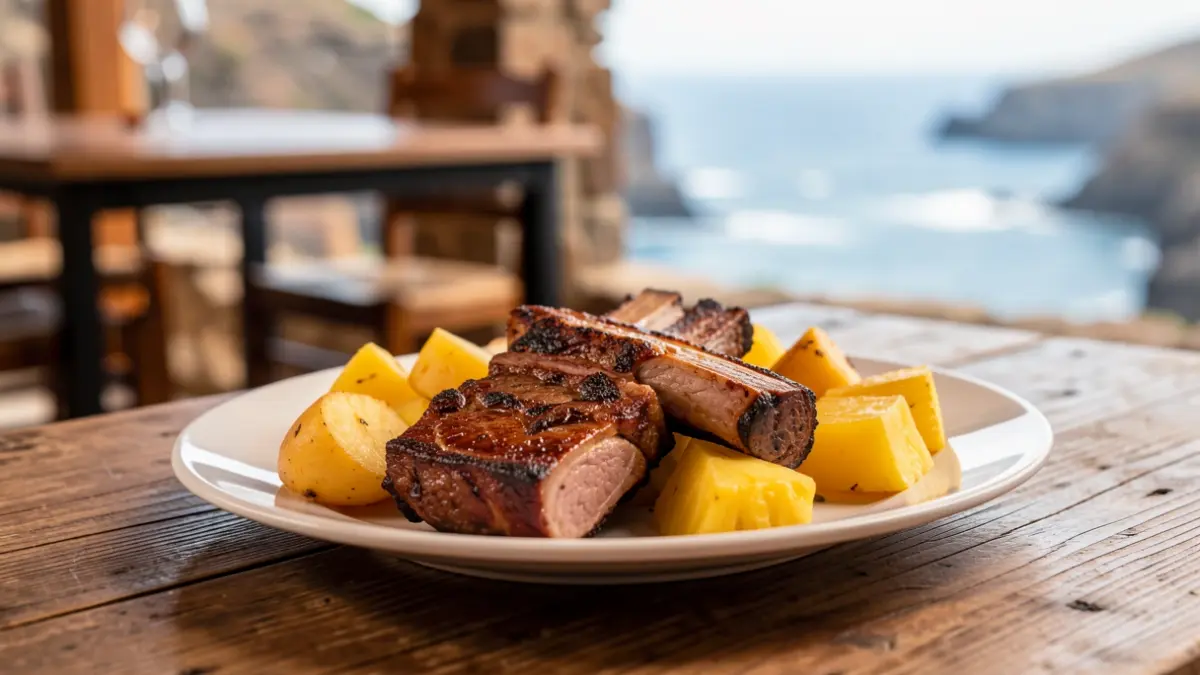 Plato de costillas con papas y piña de millo, un plato típico canario.