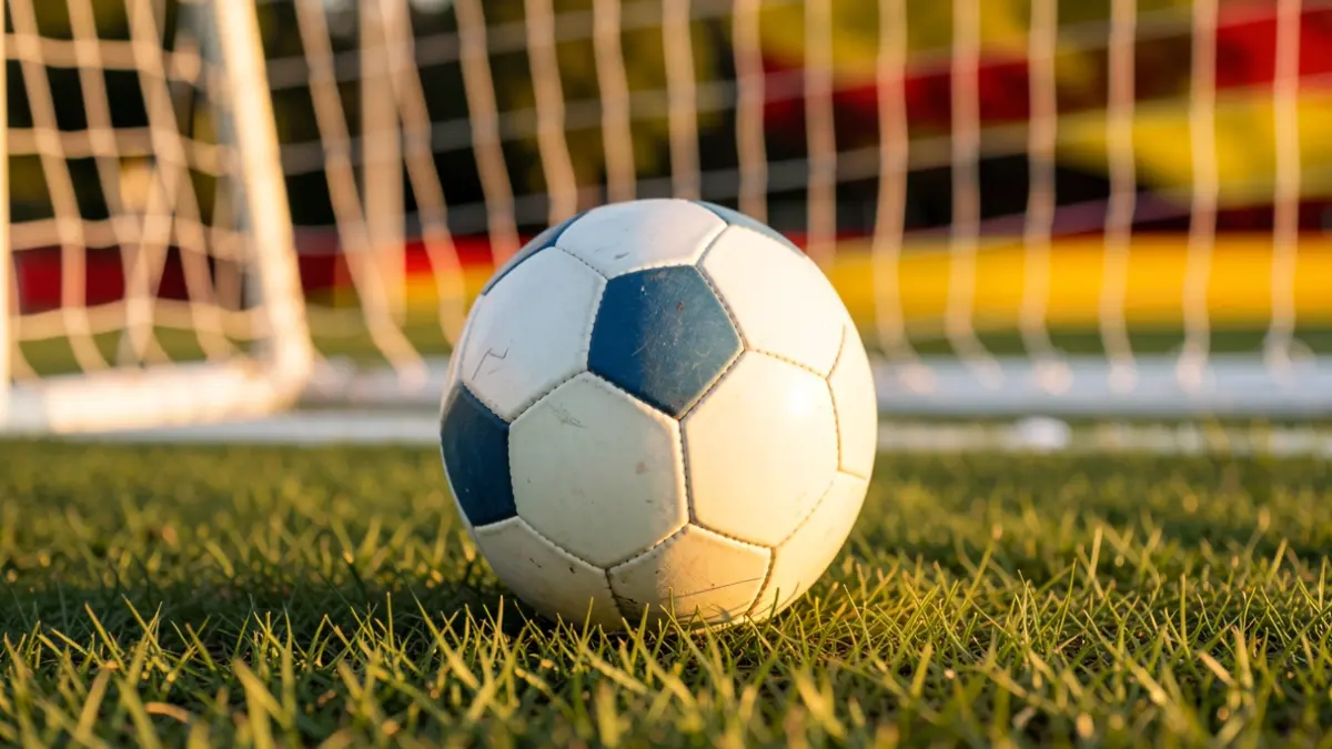 Generic image of a soccer ball on grass with the goal net out of focus.