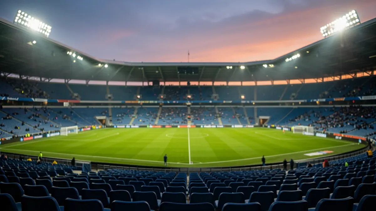Generic image of a football stadium at dusk, with the pitch illuminated and empty stands.