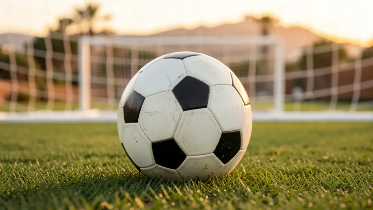 Generic image of a football on grass with the goal net out of focus.
