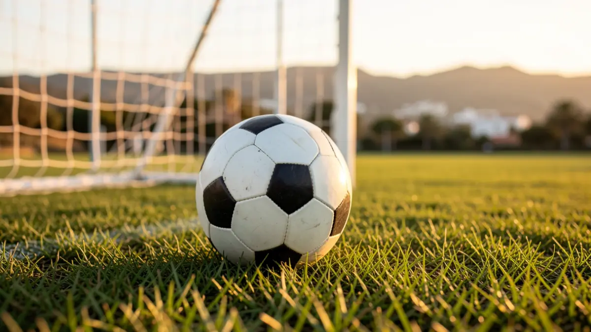 Close-up of a soccer ball on green grass, with the goal net blurred in the background and golden hour light.