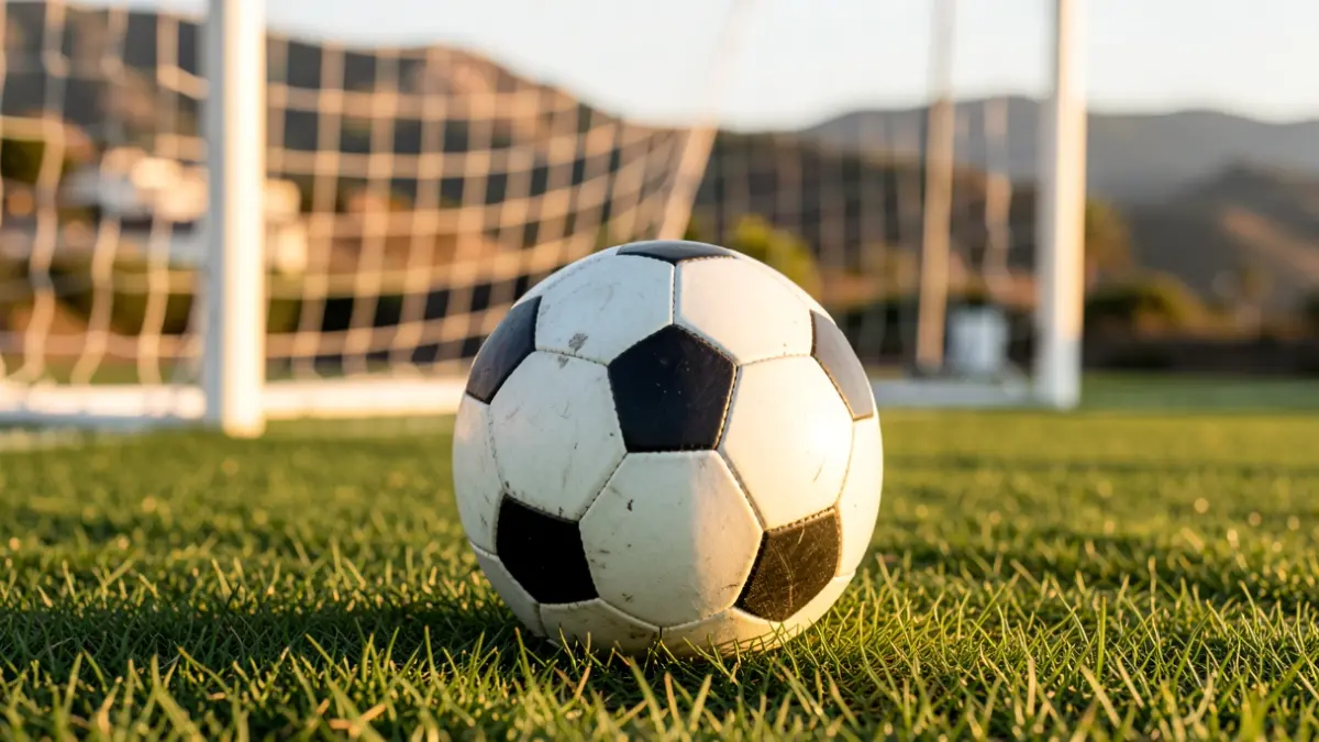 Generic image of a soccer ball on grass with a blurred goal net in the background.