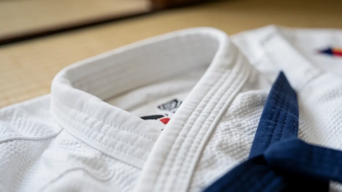 Primer plano de un cuello y cinturón de judogi, con un tatami desenfocado al fondo.