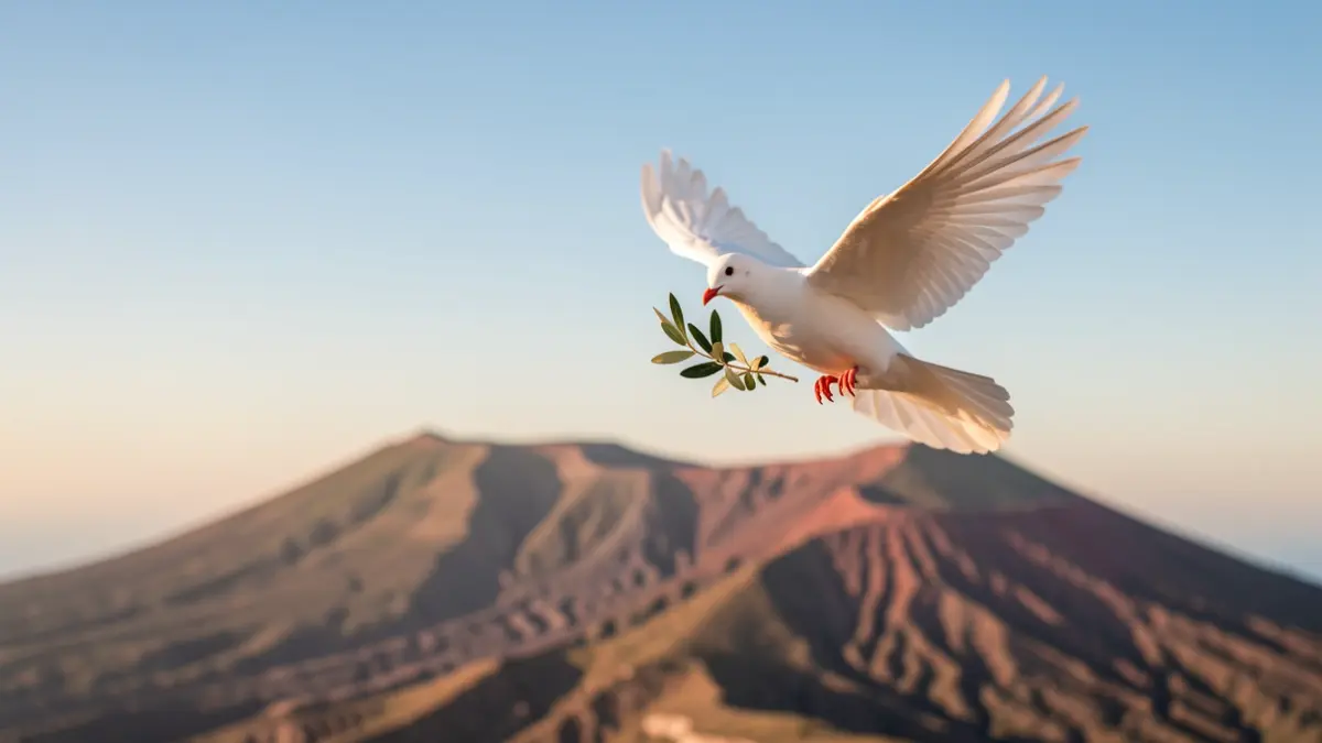 Generic image of a Canarian volcanic landscape with a dove of peace.