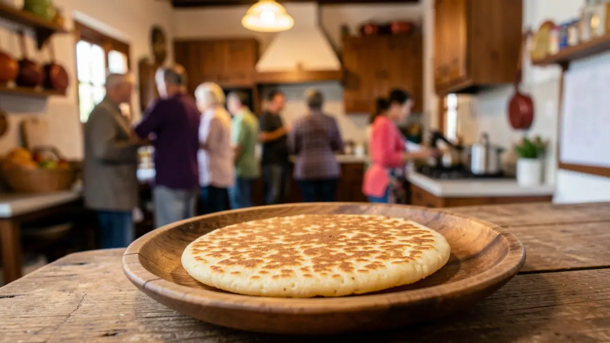 Primer plano de una arepa venezolana sobre un plato rústico de madera, con un fondo desenfocado de una cocina tradicional canaria.