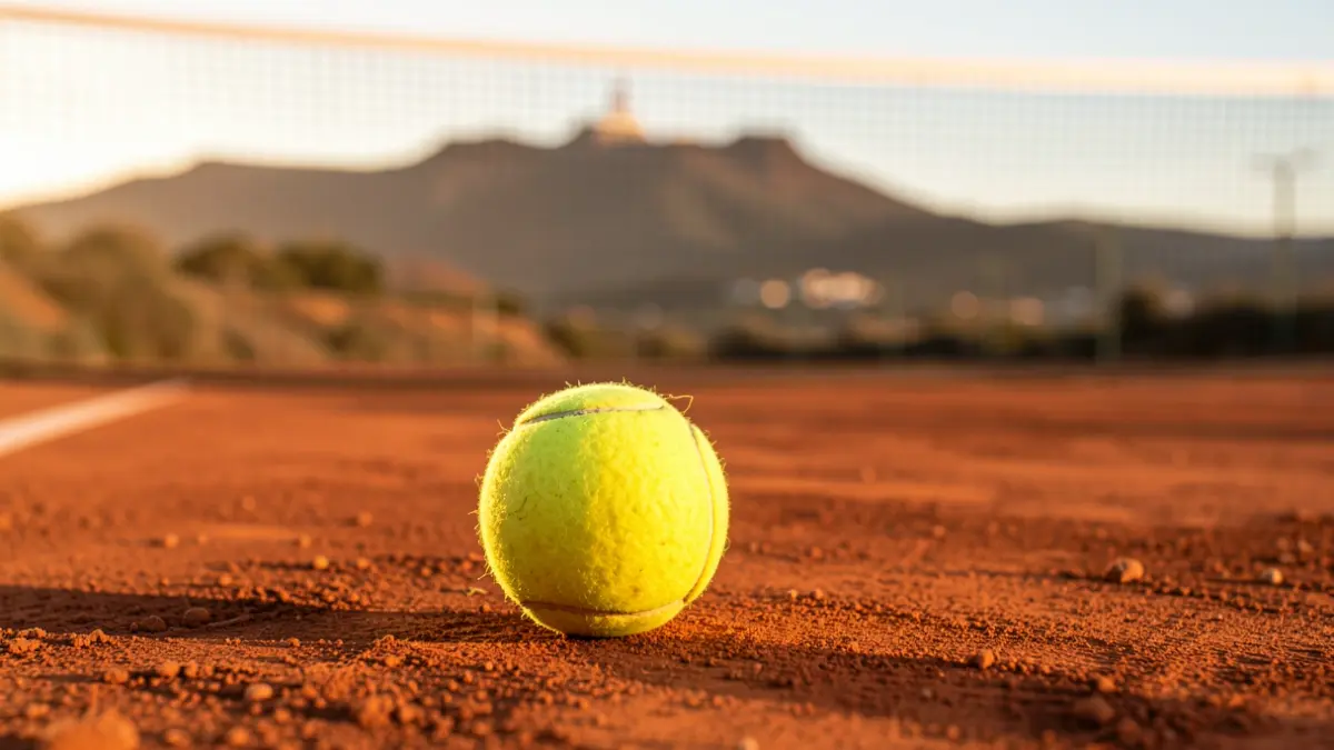 Close-up of a tennis ball on a clay court, with the white net blurred in the background and golden hour light.