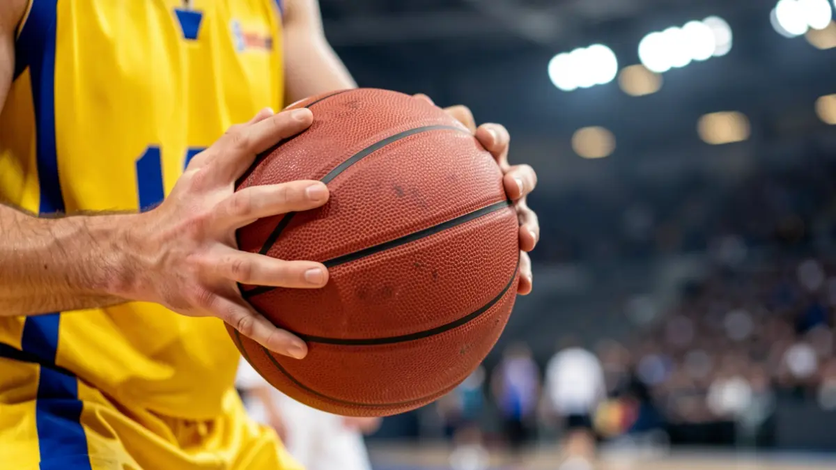Primer plano de las manos de un jugador de baloncesto con un balón, luces de estadio borrosas al fondo.