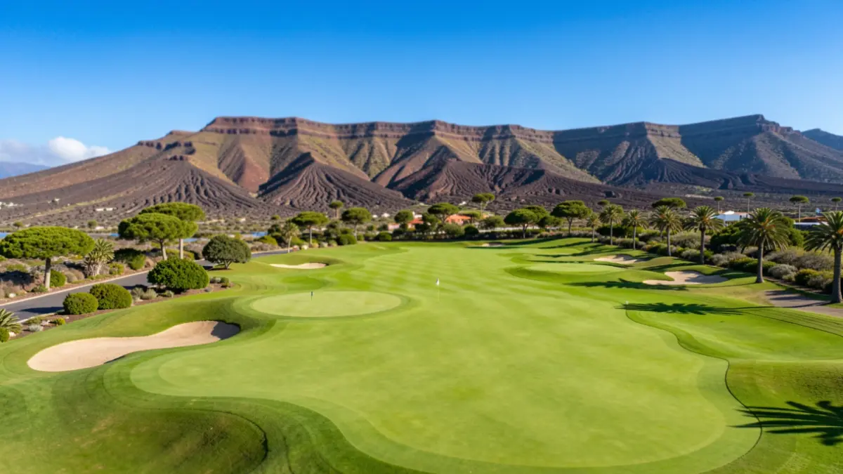 Vista aérea de un campo de golf en Canarias con paisaje volcánico al fondo.