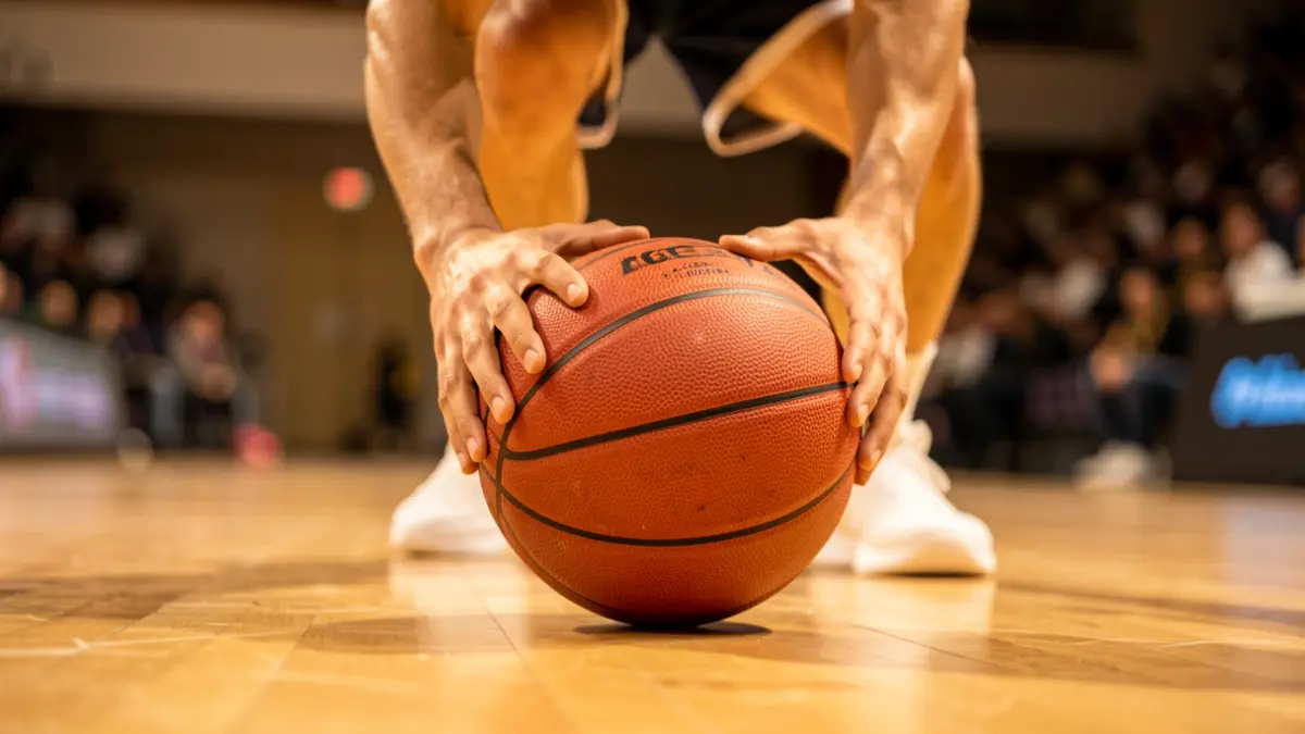 Close-up of hands dribbling a basketball on a wooden court.