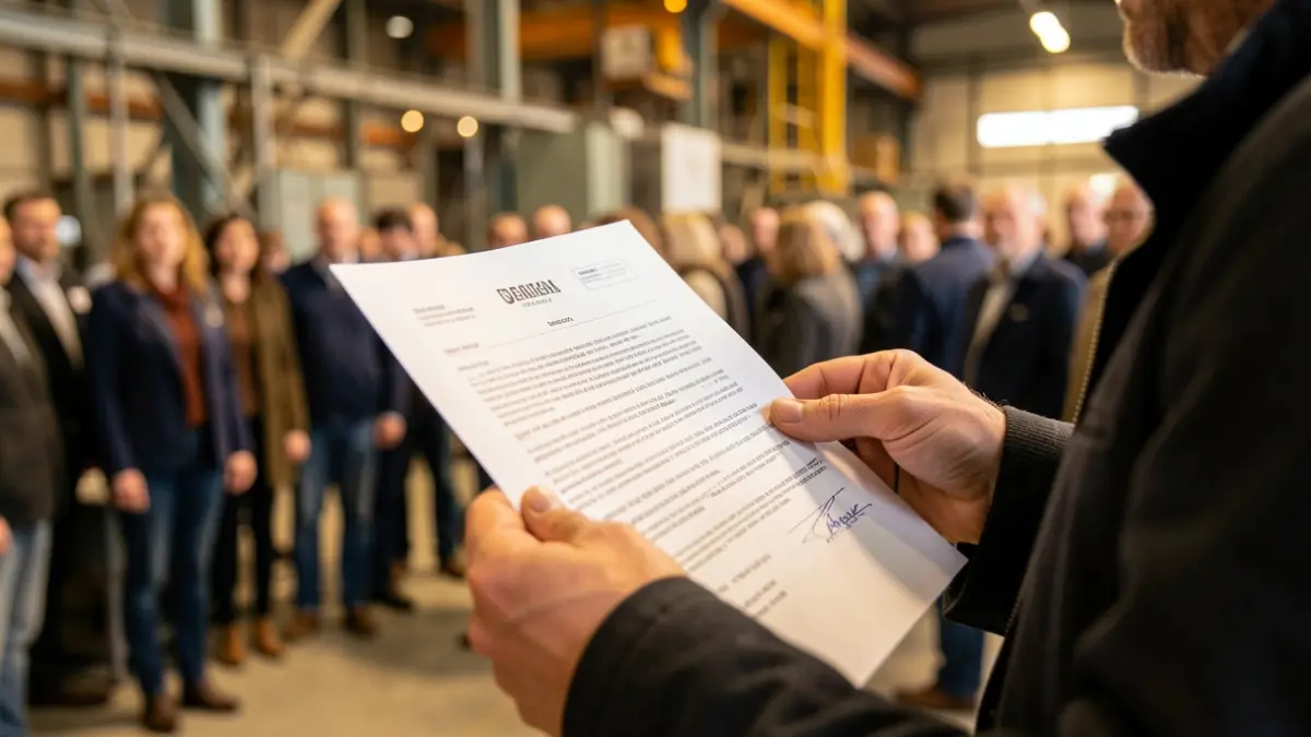 Close-up of a worker's hands holding a contract document with a blurred industrial background, symbolizing labor dispute and negotiation.