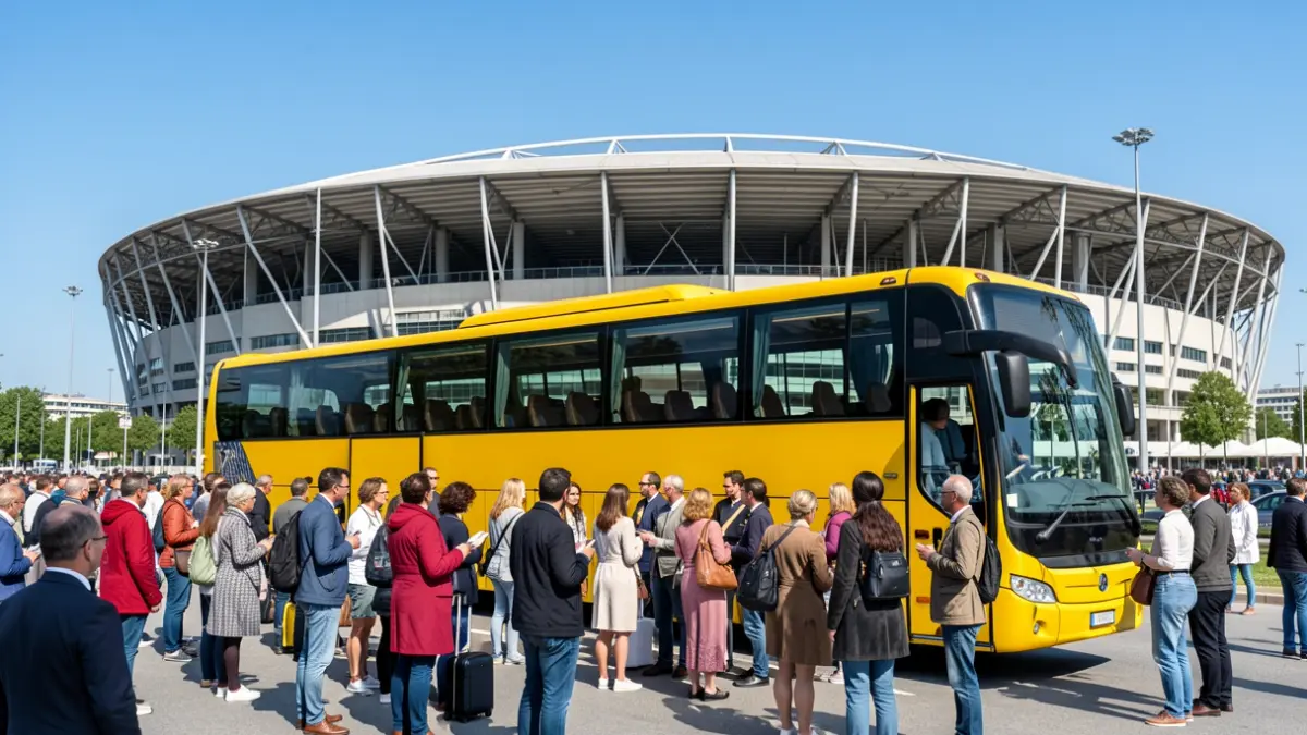 Generic image of people boarding a bus to attend an event.