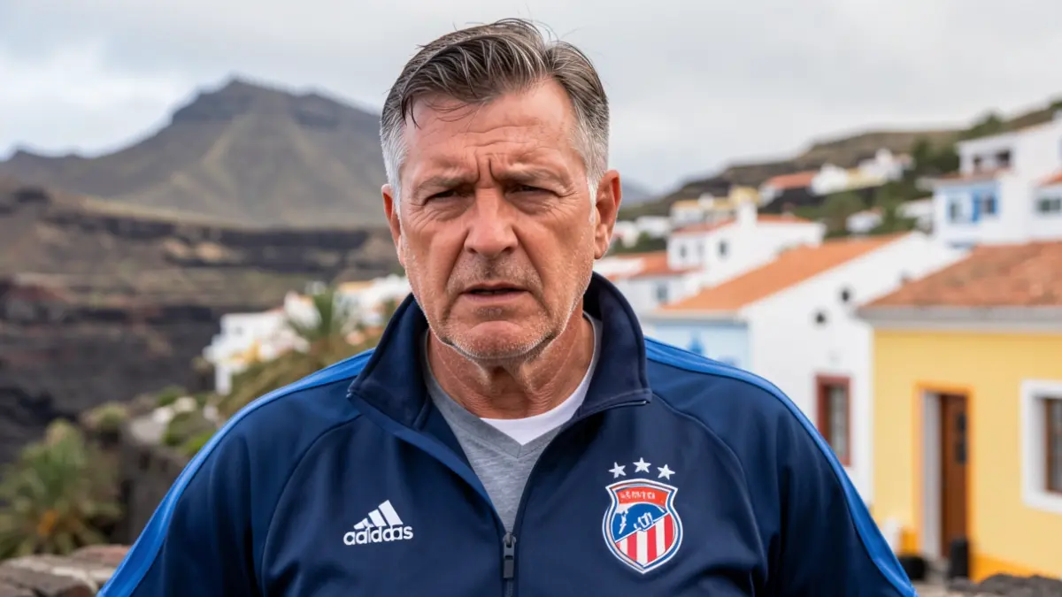 Entrenador de fútbol canario con expresión decidida, con un paisaje volcánico o arquitectura local al fondo.