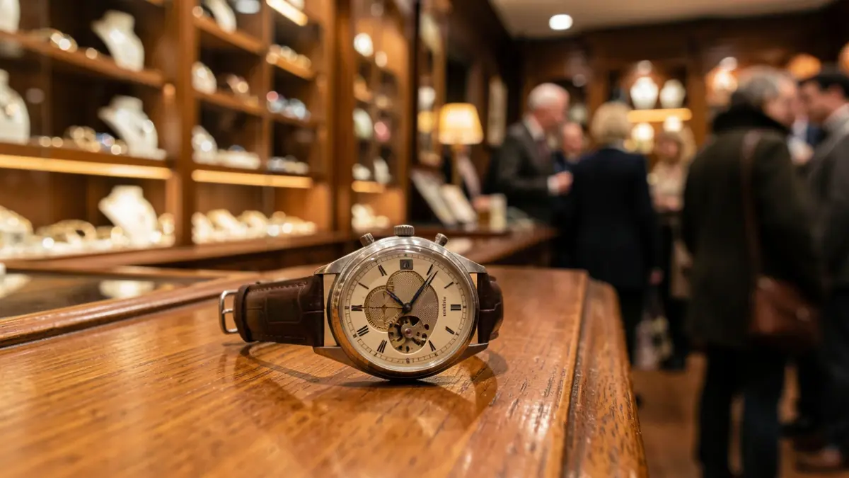 Image of a vintage mechanical watch on a wooden counter in a traditional jewelry store.
