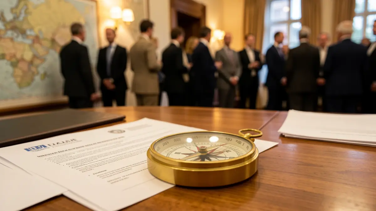 Close-up of a maritime compass and official documents on a wooden desk, with blurred sea charts in the background.