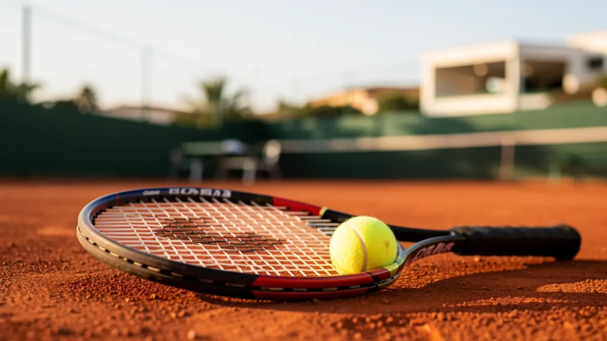 Primer plano de una raqueta y pelota de tenis en una pista de tierra batida, con el fondo de una instalación deportiva en Lanzarote.