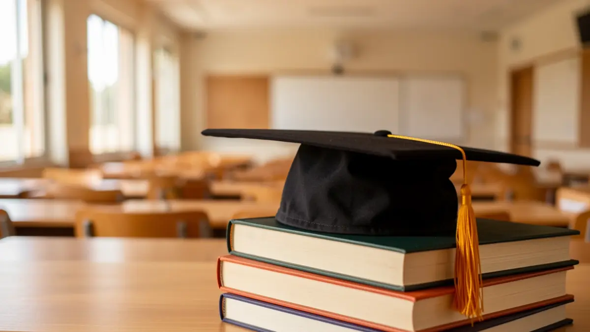 Graduation cap on books in a classroom in the Canary Islands.