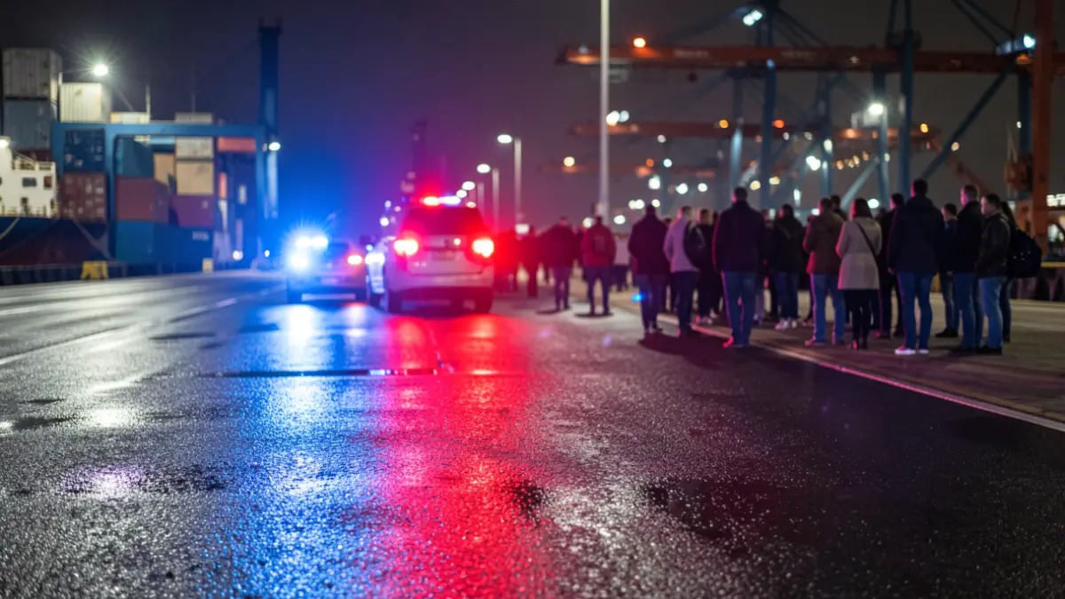 Imagen genérica de luces de emergencia policiales reflejándose en el asfalto mojado por la noche en una zona portuaria.