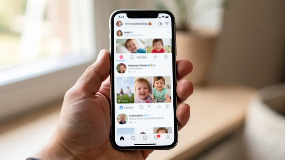 Image of a mobile phone showing social media profiles with children's photos, held by an adult.